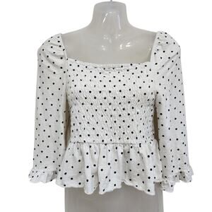 America Eagle Polka Dot Ruffle Hem Peplum Crop Blouse Black White Size Medium